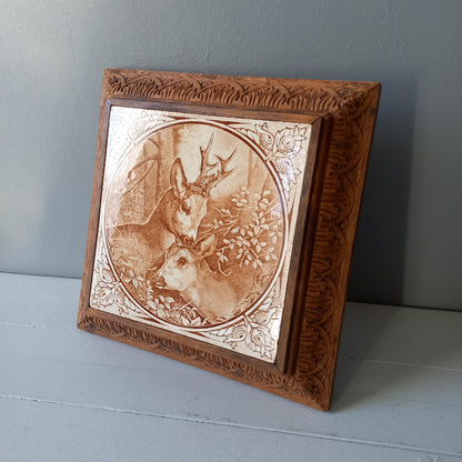 Antique deer tile trivet, decorative doe and fawn trivet, large decorative tile in carved wooden frame