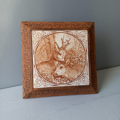 Antique deer tile trivet, decorative doe and fawn trivet, large decorative tile in carved wooden frame