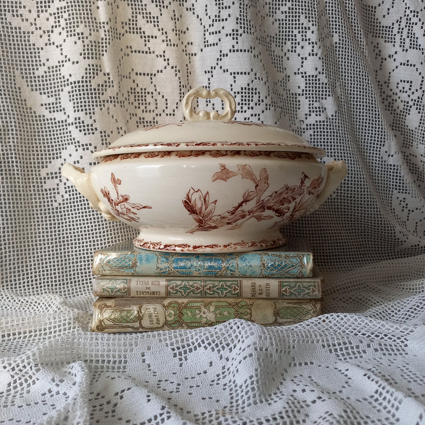 Small antique ironstone tureen with sepia pattern from France