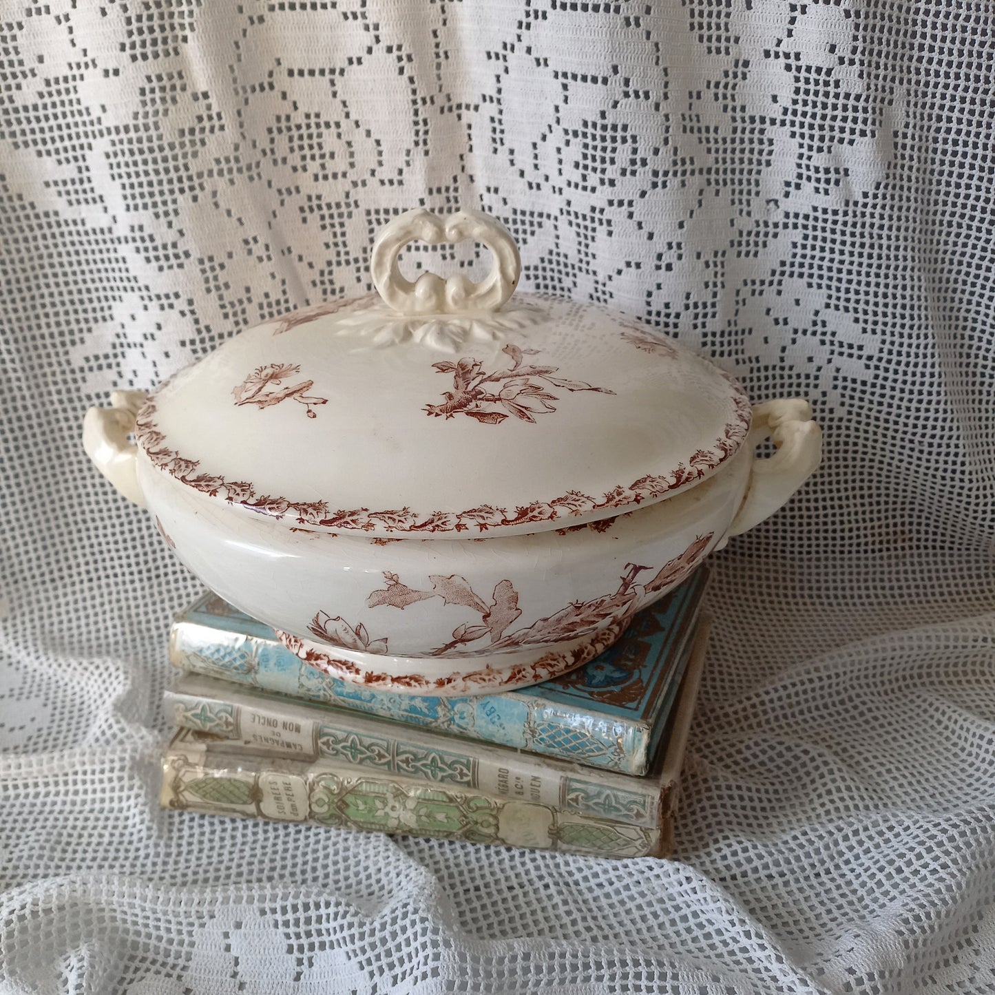 Small antique ironstone tureen with sepia pattern from France