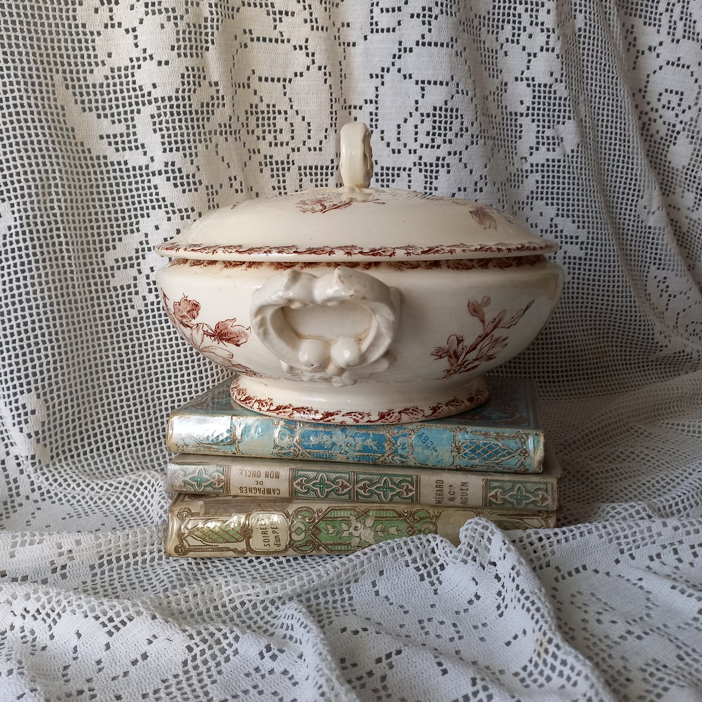 Small antique ironstone tureen with sepia pattern from France