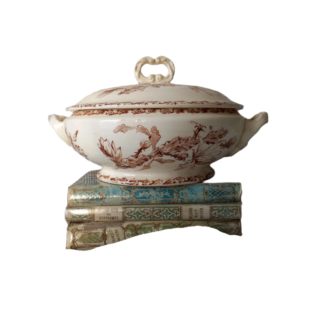 Small antique ironstone tureen with sepia pattern from France