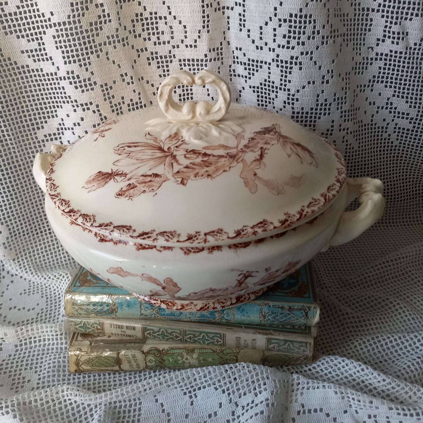 Small antique ironstone tureen with sepia pattern from France