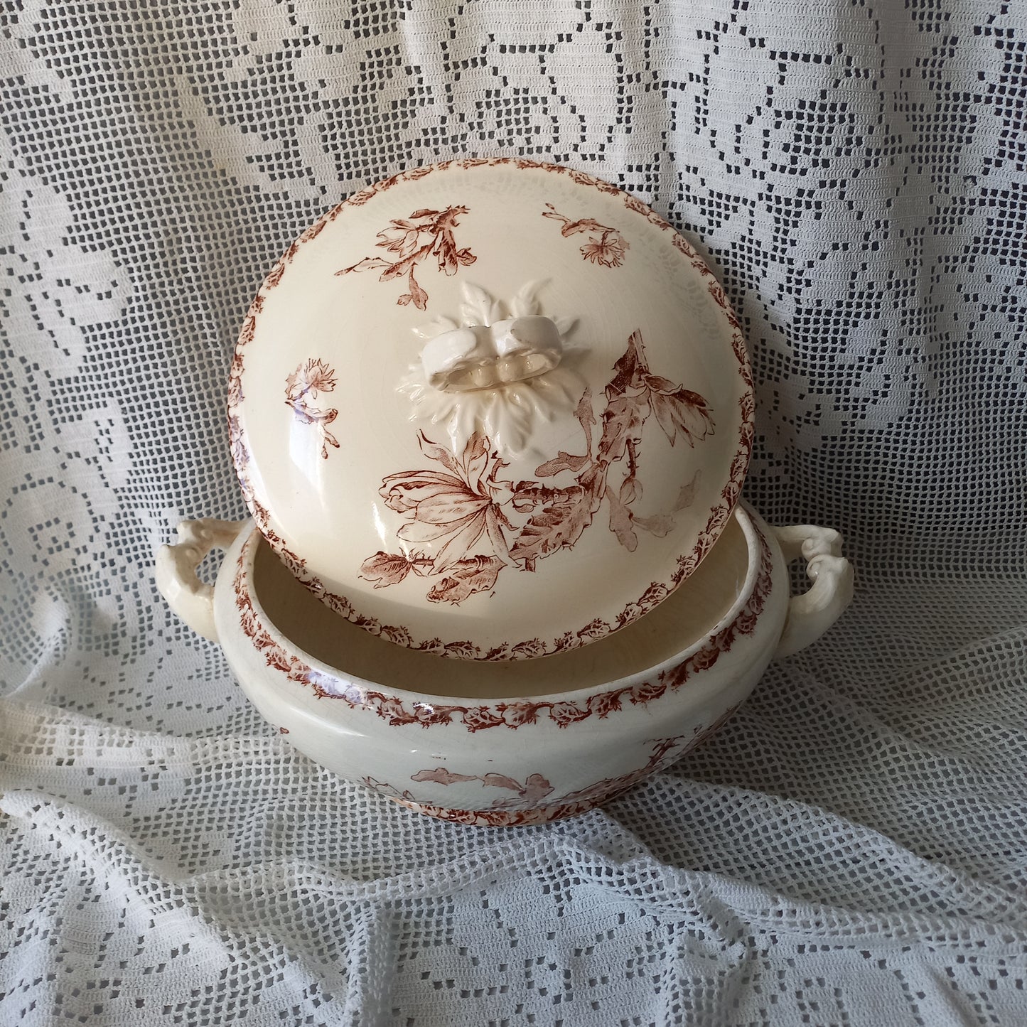 Small antique ironstone tureen with sepia pattern from France