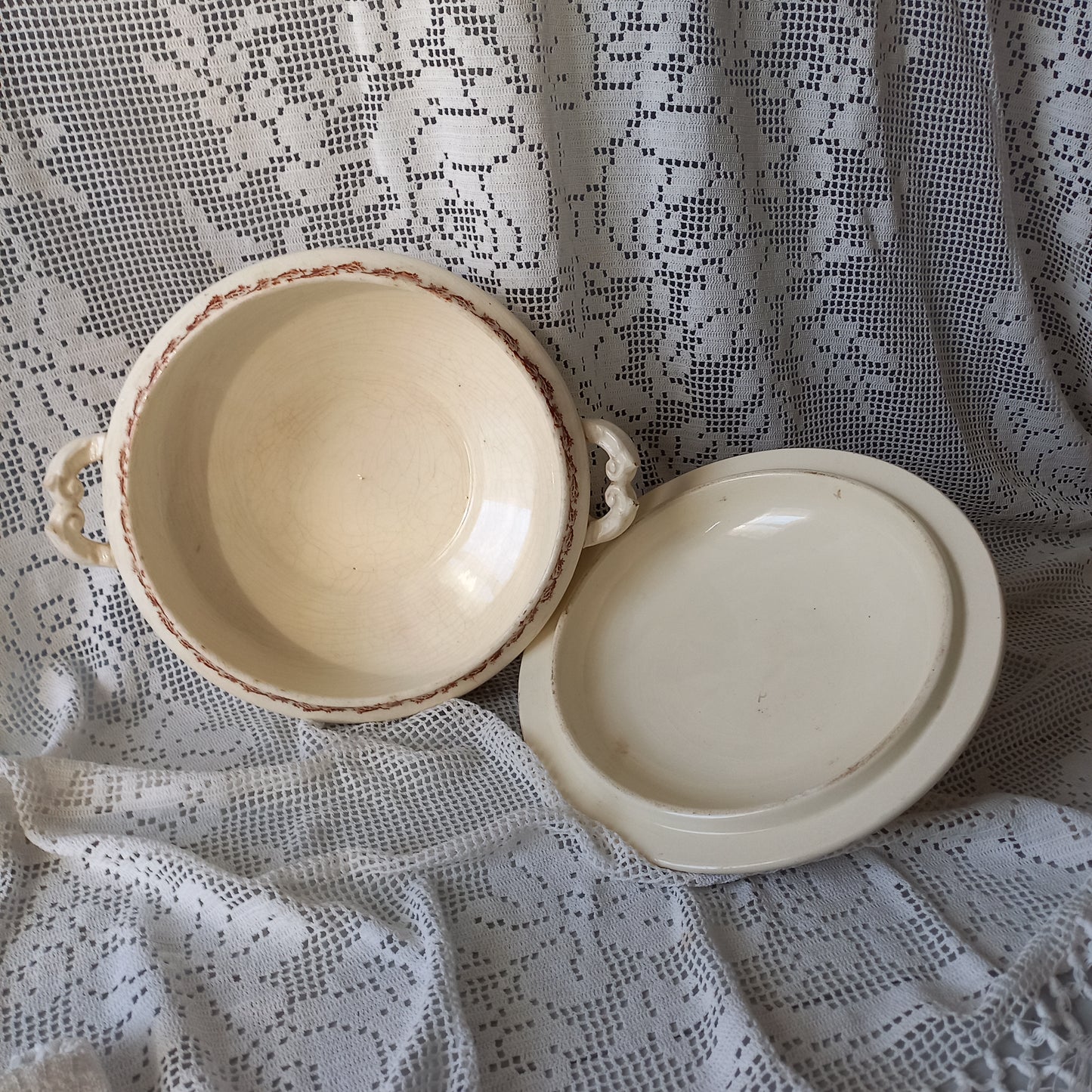 Small antique ironstone tureen with sepia pattern from France