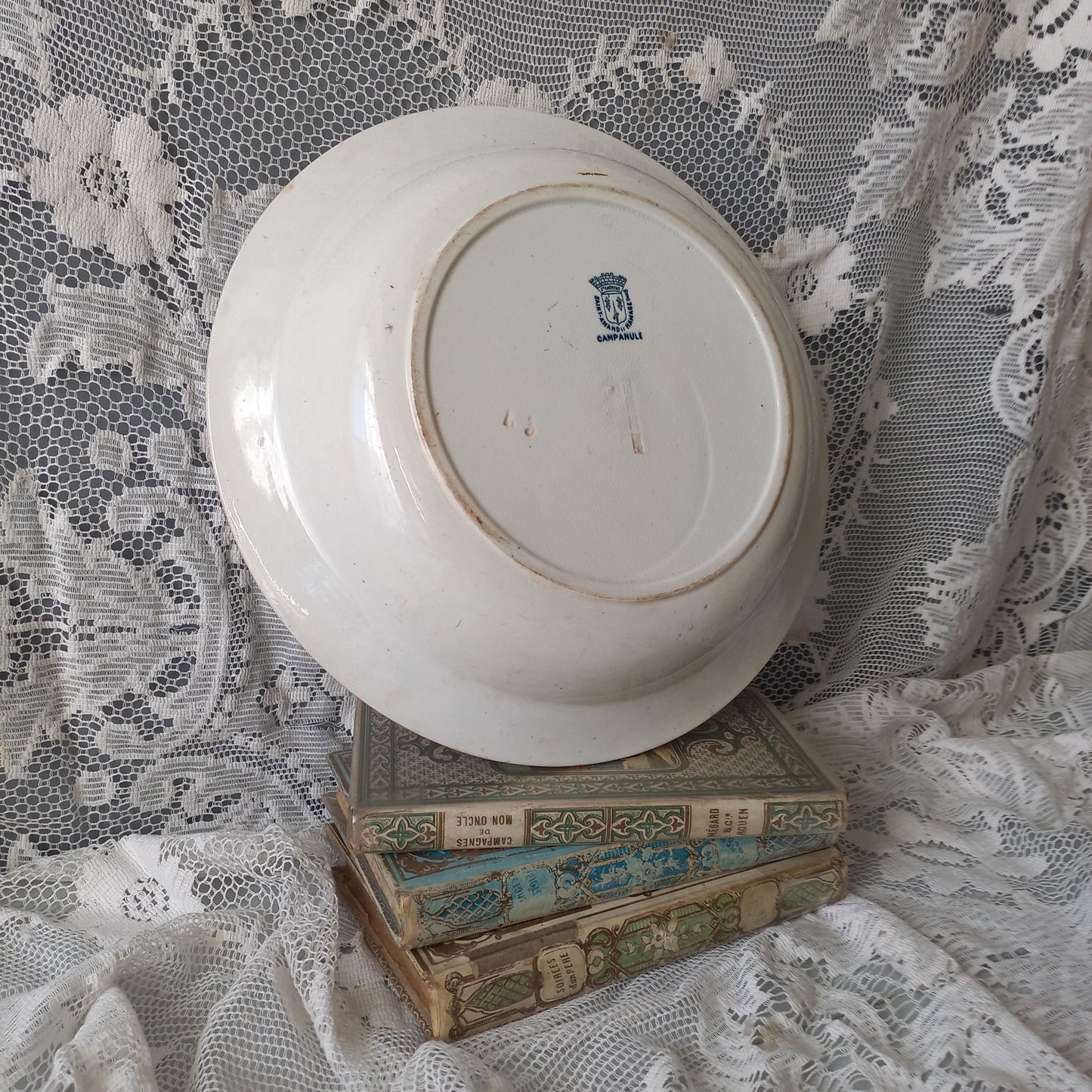 Antique ironstone dish or bowl with teal floral pattern from France, shabby chic rustic farmhouse kitchen