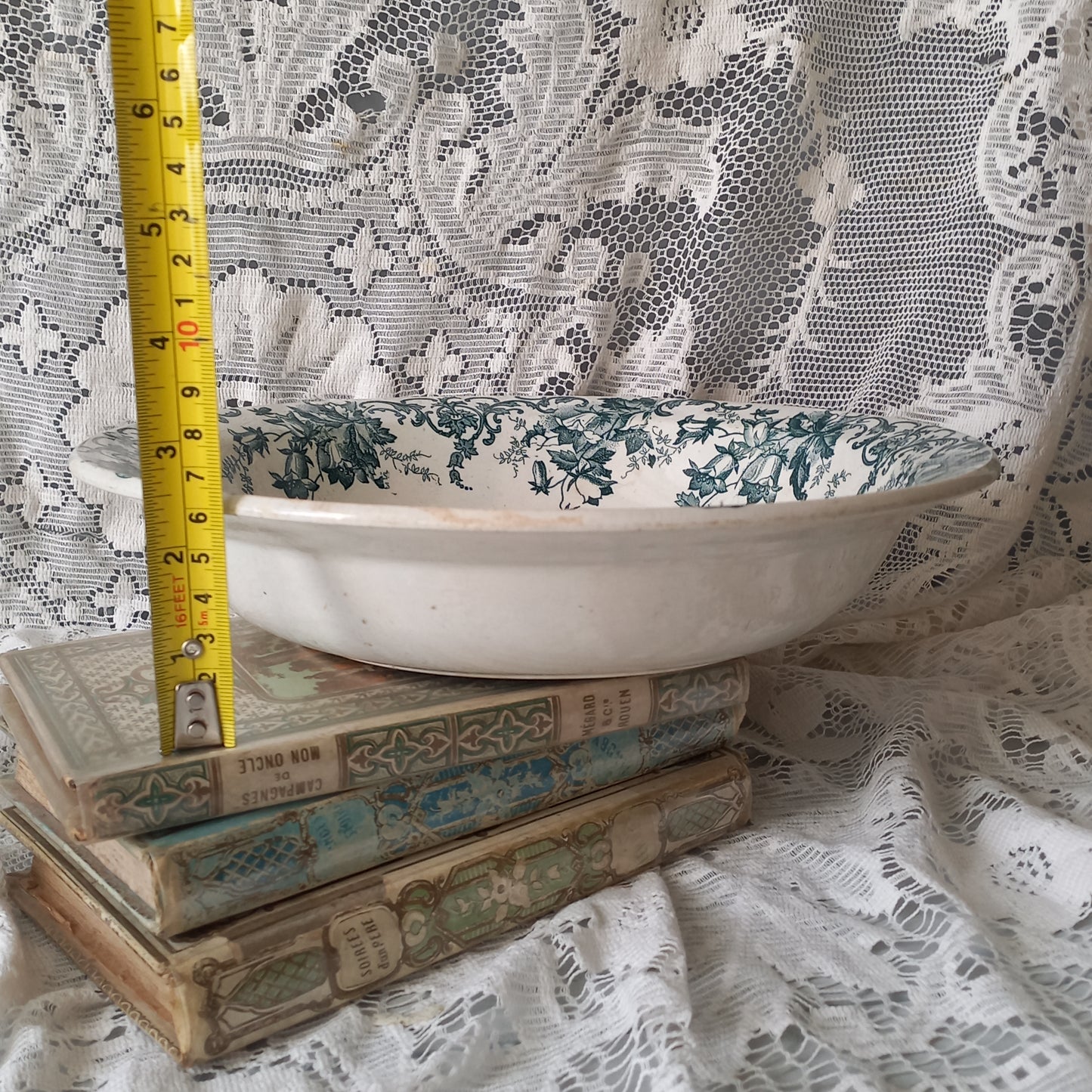 Antique ironstone dish or bowl with teal floral pattern from France, shabby chic rustic farmhouse kitchen