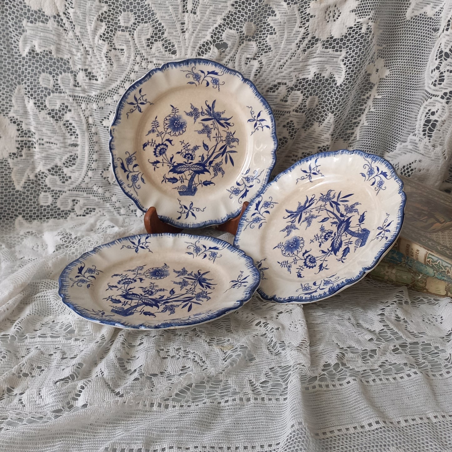 Small antique white ironstone plates with blue floral patterns from France