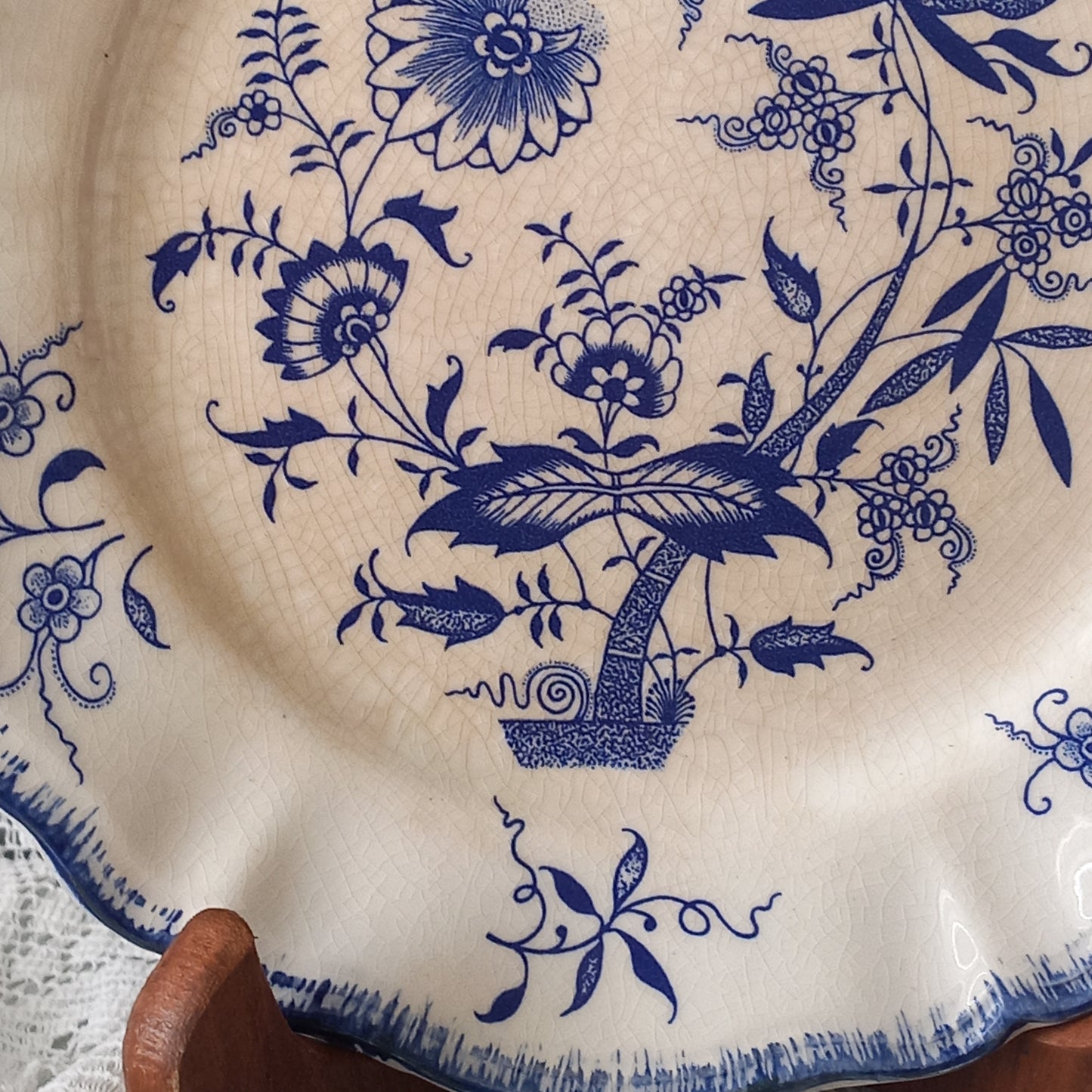 Small antique white ironstone plates with blue floral patterns from France