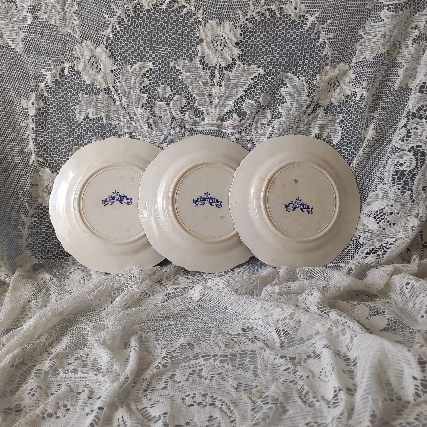 Small antique white ironstone plates with blue floral patterns from France