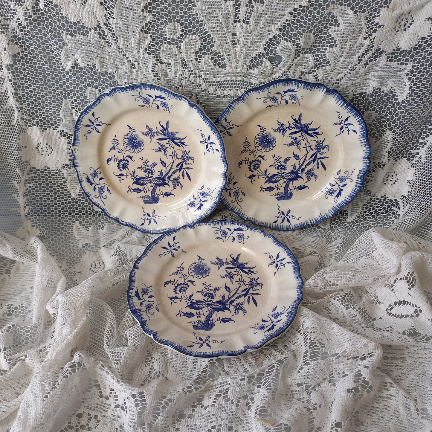 Small antique white ironstone plates with blue floral patterns from France