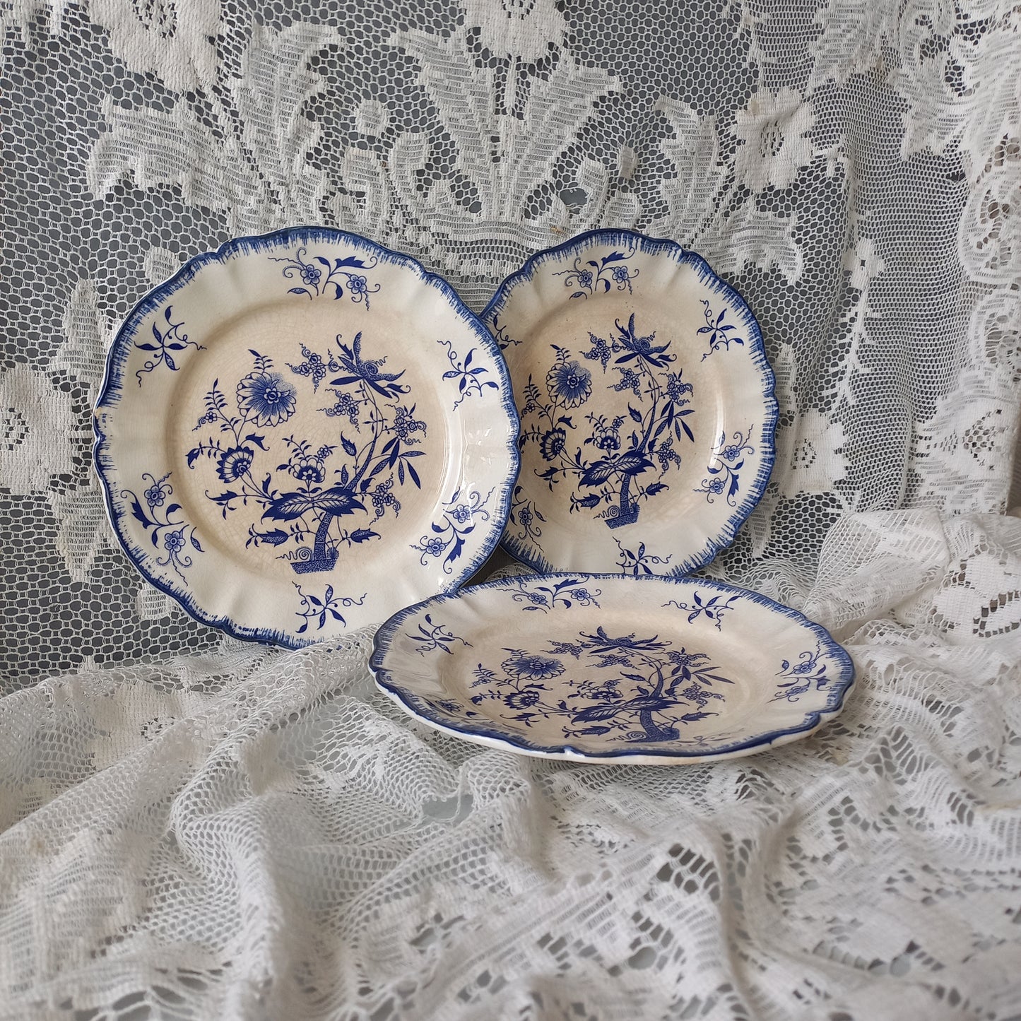 Small antique white ironstone plates with blue floral patterns from France