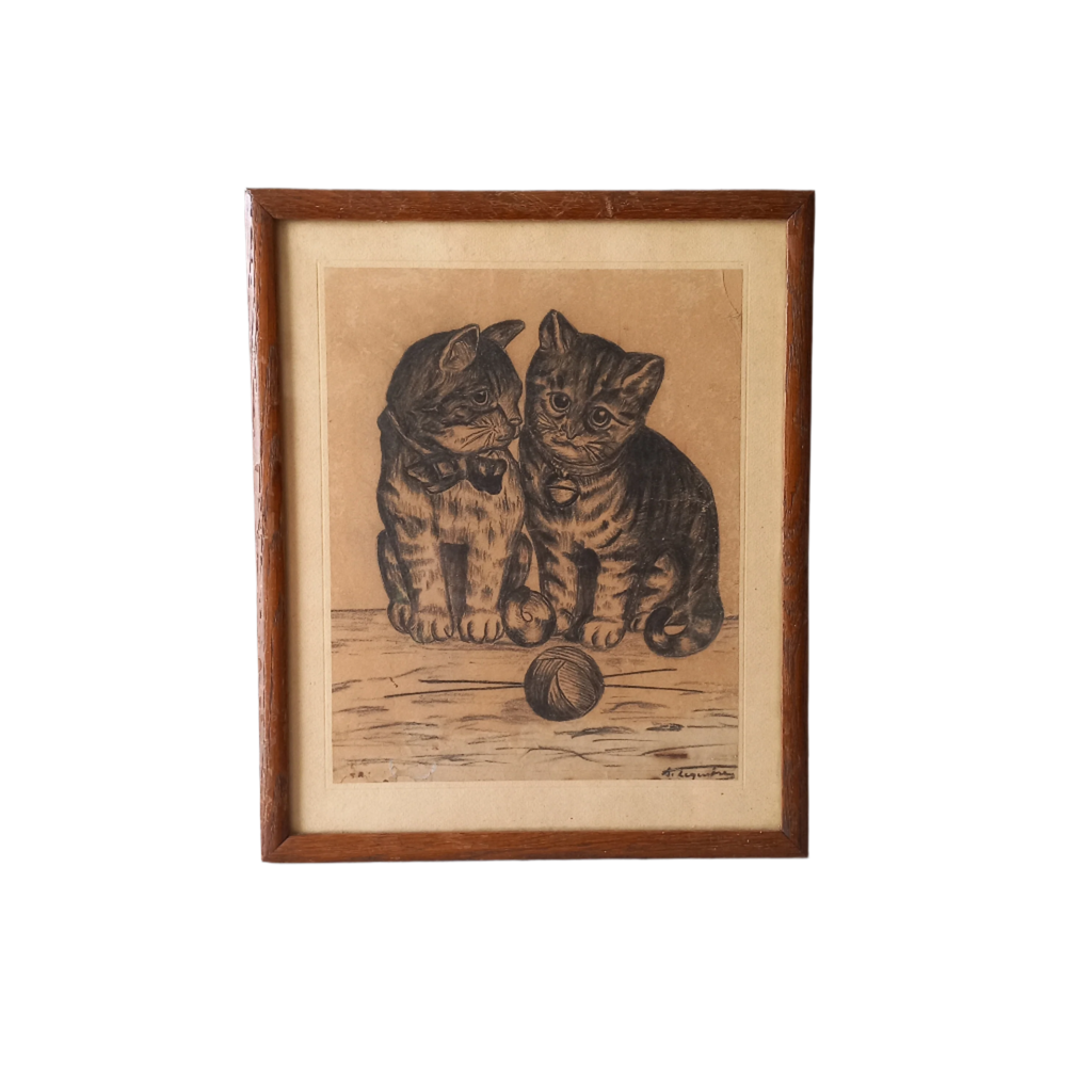 A French vintage drawing of two cute cats or kittens who look like they're planning to be naughty with their owner's ball of wool, a naive piece of art although none-the-less very charming indeed. It appears to be an original drawing, although I haven't opened up the back as it's well sealed with the original French framer's label. The drawing has been signed by the artist.