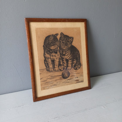 Vintage kittens drawing in frame from France, cat drawing art, cat lover gift