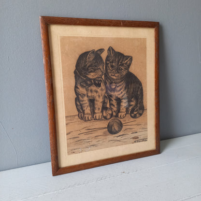 Vintage kittens drawing in frame from France, cat drawing art, cat lover gift