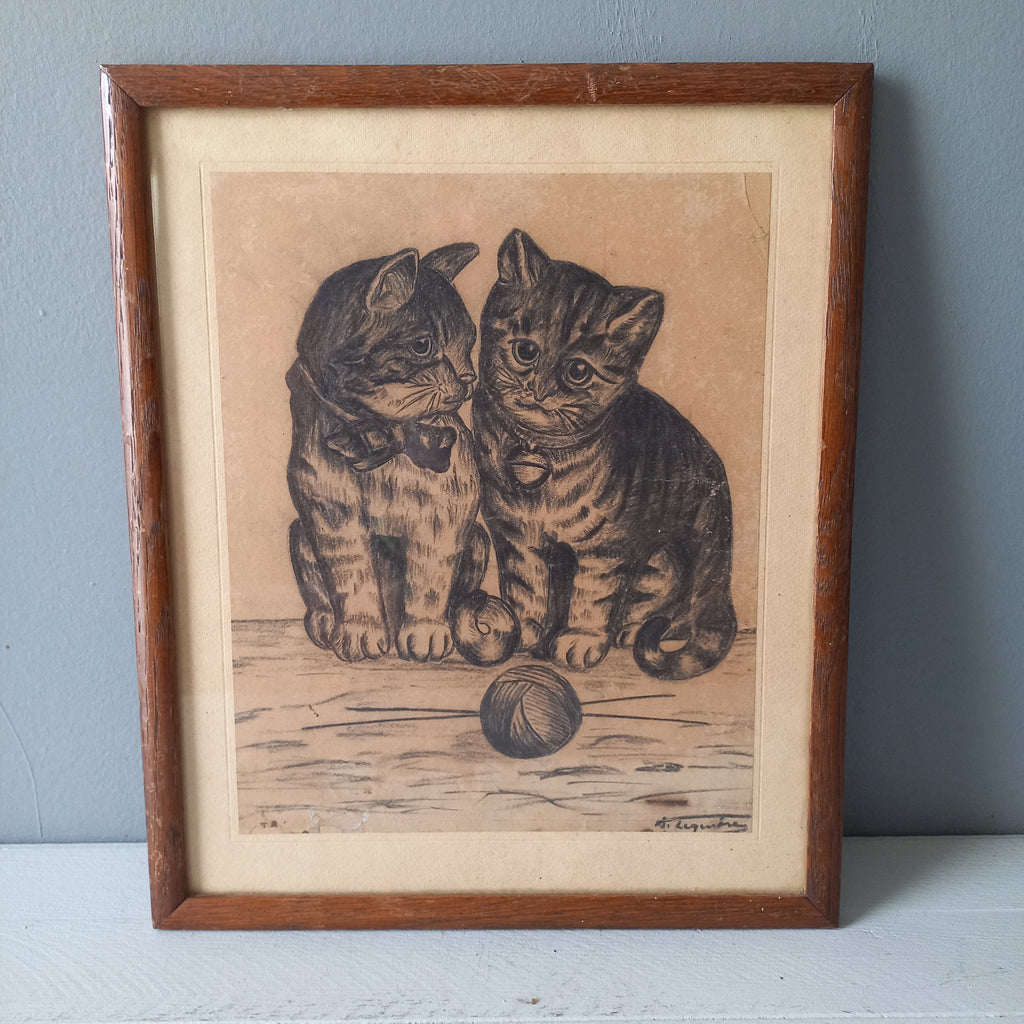 A French vintage drawing of two cute cats or kittens who look like they're planning to be naughty with their owner's ball of wool, a naive piece of art although none-the-less very charming indeed. It appears to be an original drawing, although I haven't opened up the back as it's well sealed with the original French framer's label. The drawing has been signed by the artist.
