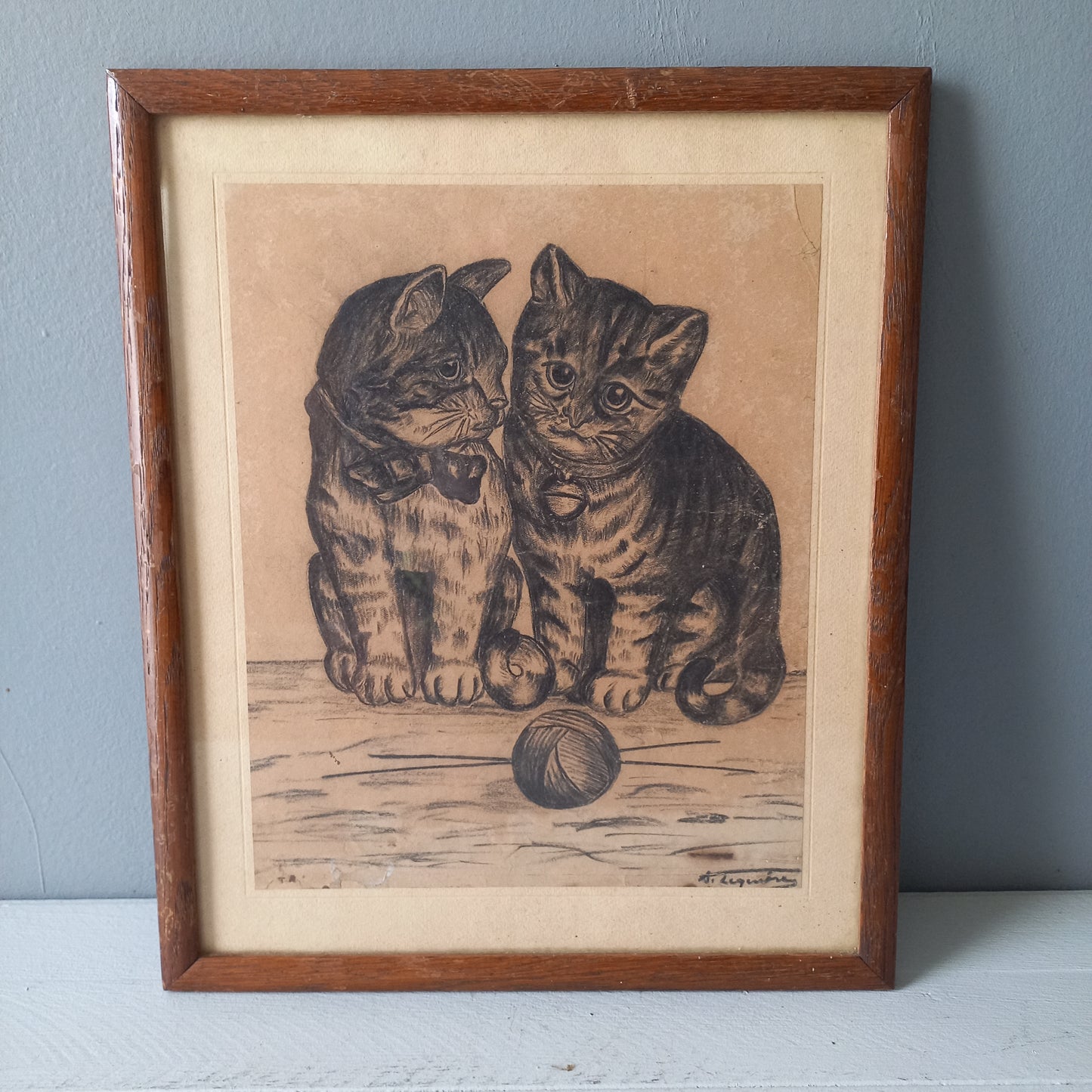 Vintage kittens drawing in frame from France, cat drawing art, cat lover gift