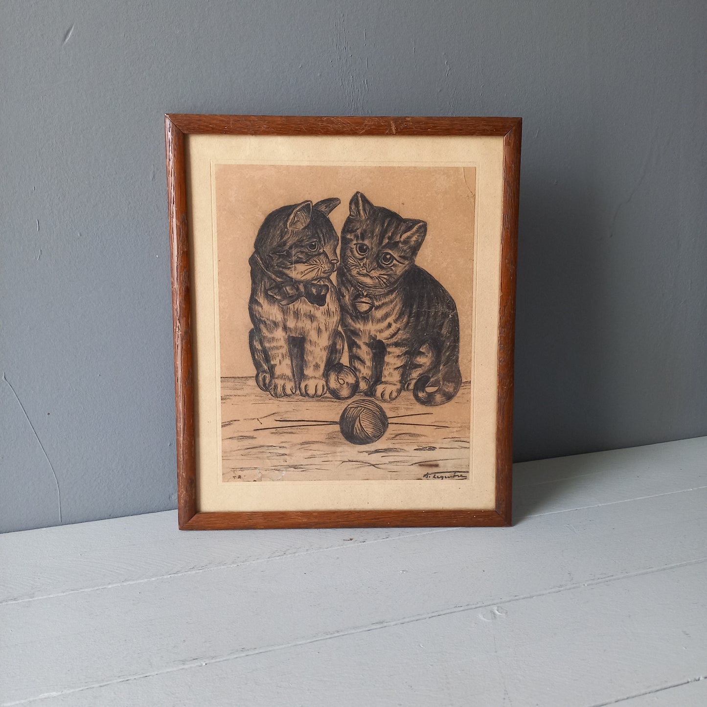 Vintage kittens drawing in frame from France, cat drawing art, cat lover gift