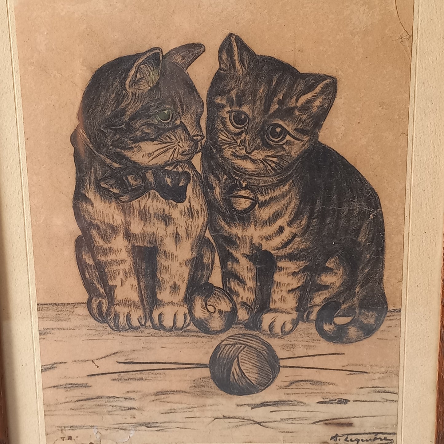 Vintage kittens drawing in frame from France, cat drawing art, cat lover gift