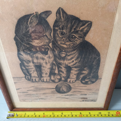 Vintage kittens drawing in frame from France, cat drawing art, cat lover gift