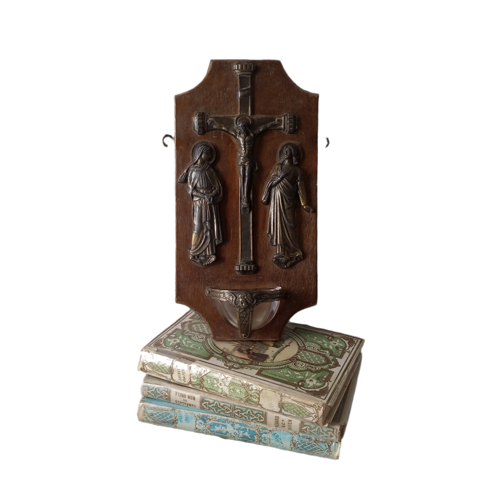 Wall-mounted vintage/antique religious wall decor with metal crucifix and religious figures, and a glass Holy Water font mounted to a wooden base. A great piece of original religious decor from France.
