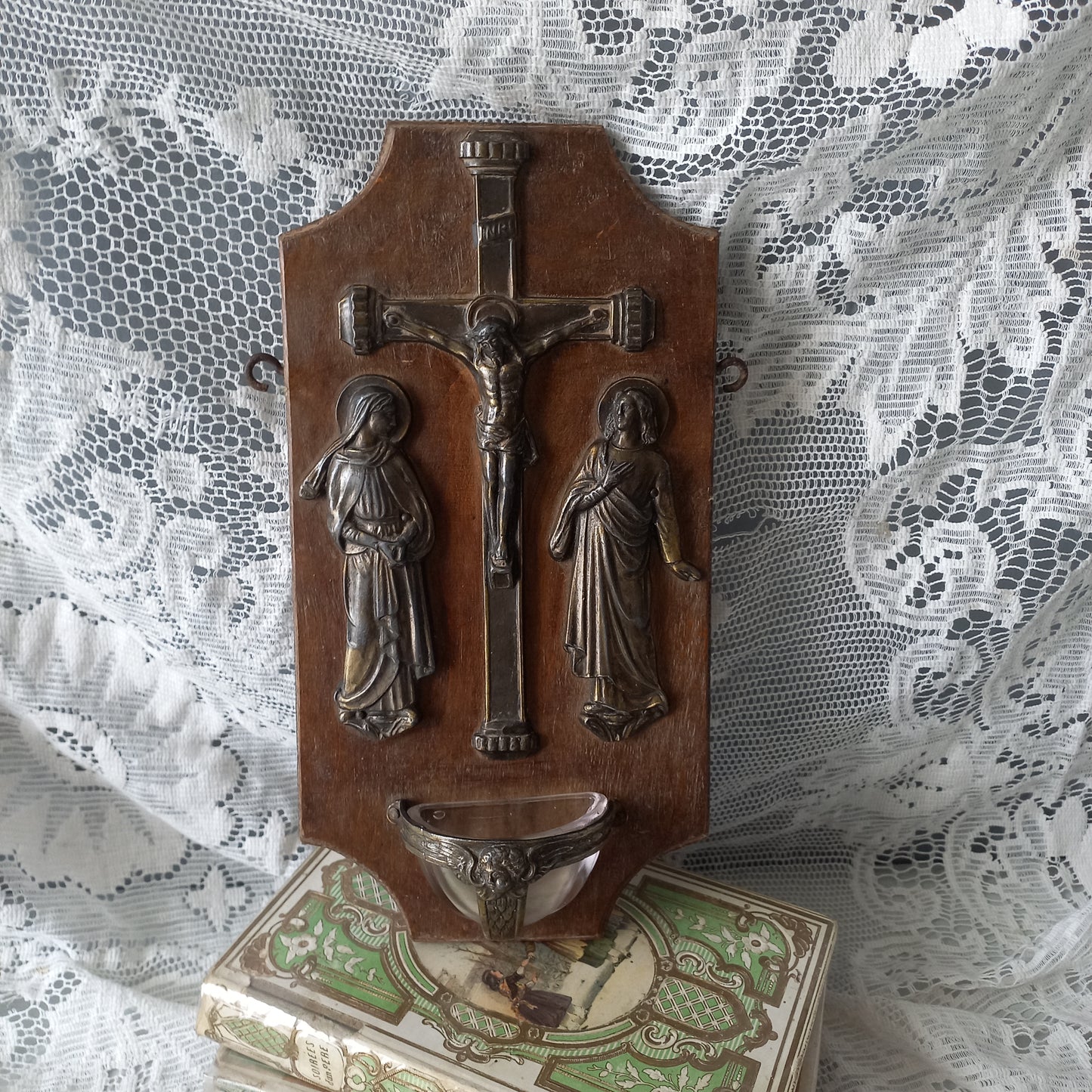 Vintage Holy Water stoup with metal crucifix and religious figures, French antique wooden benitier, religious wall decor