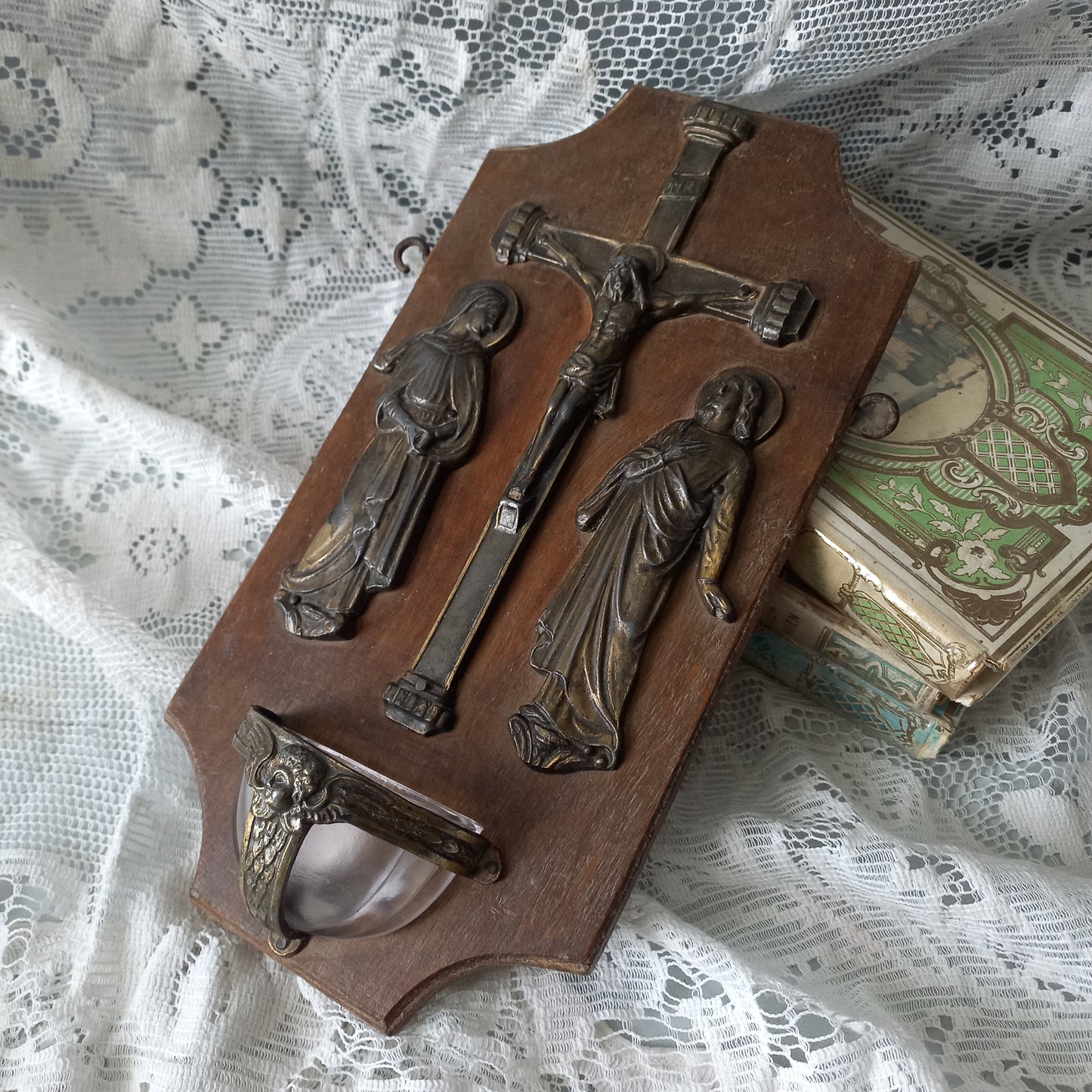 Vintage Holy Water stoup with metal crucifix and religious figures, French antique wooden benitier, religious wall decor