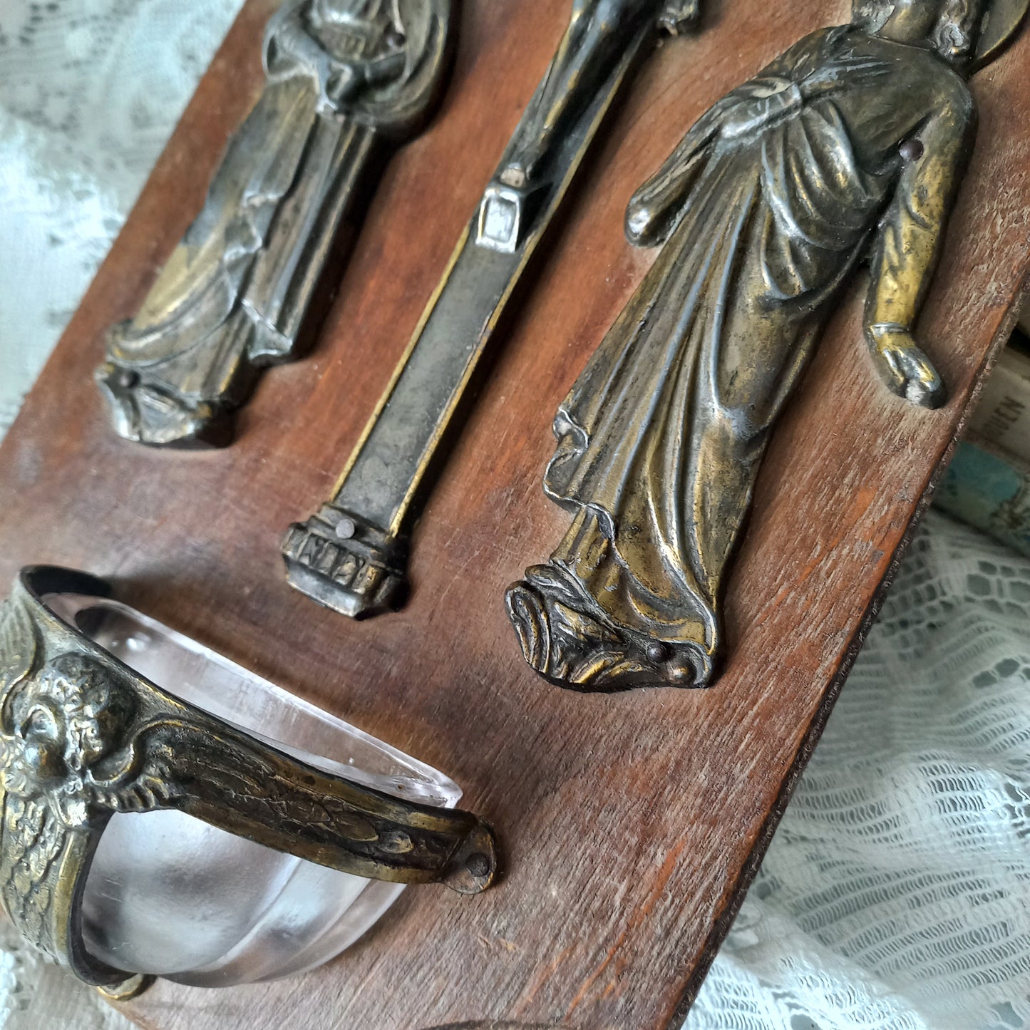 Vintage Holy Water stoup with metal crucifix and religious figures, French antique wooden benitier, religious wall decor