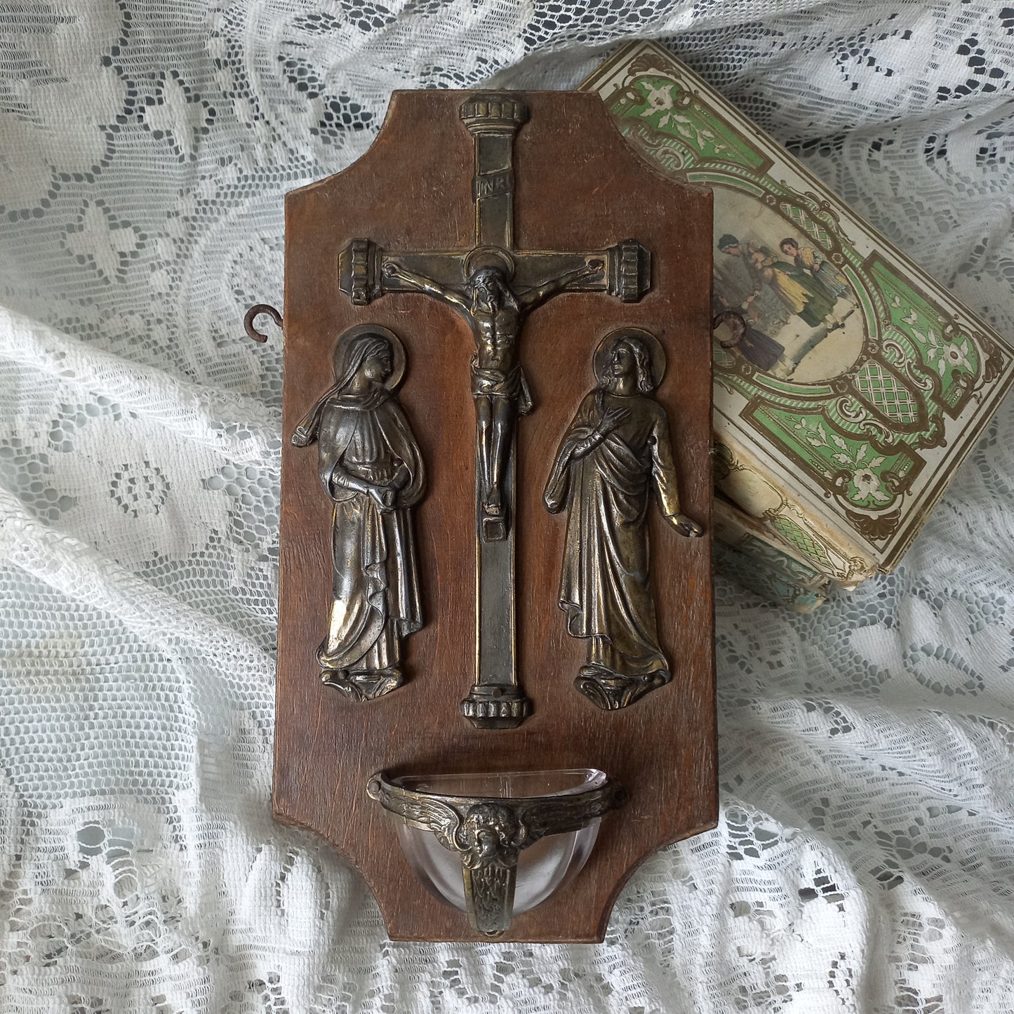 Vintage Holy Water stoup with metal crucifix and religious figures, French antique wooden benitier, religious wall decor