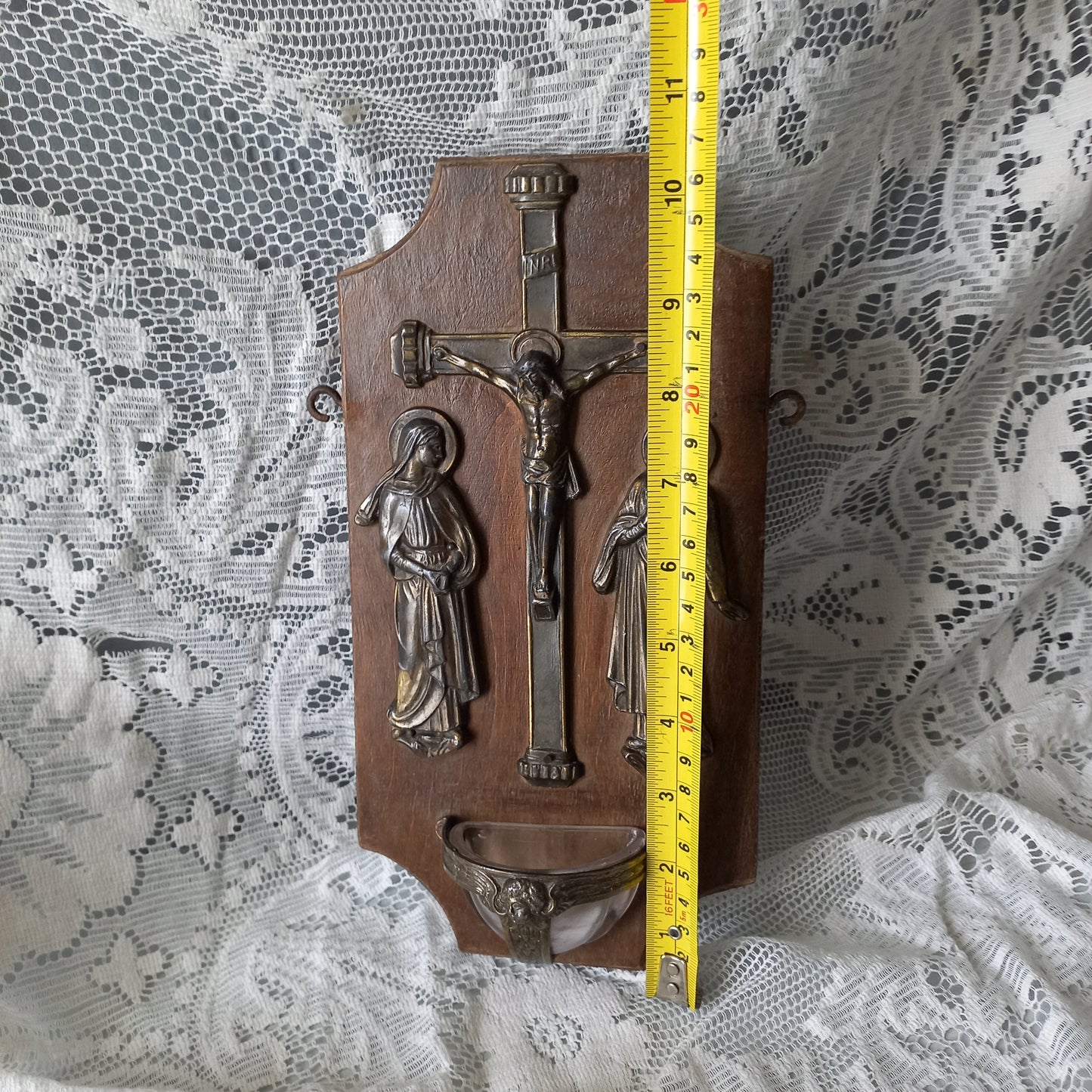 Vintage Holy Water stoup with metal crucifix and religious figures, French antique wooden benitier, religious wall decor