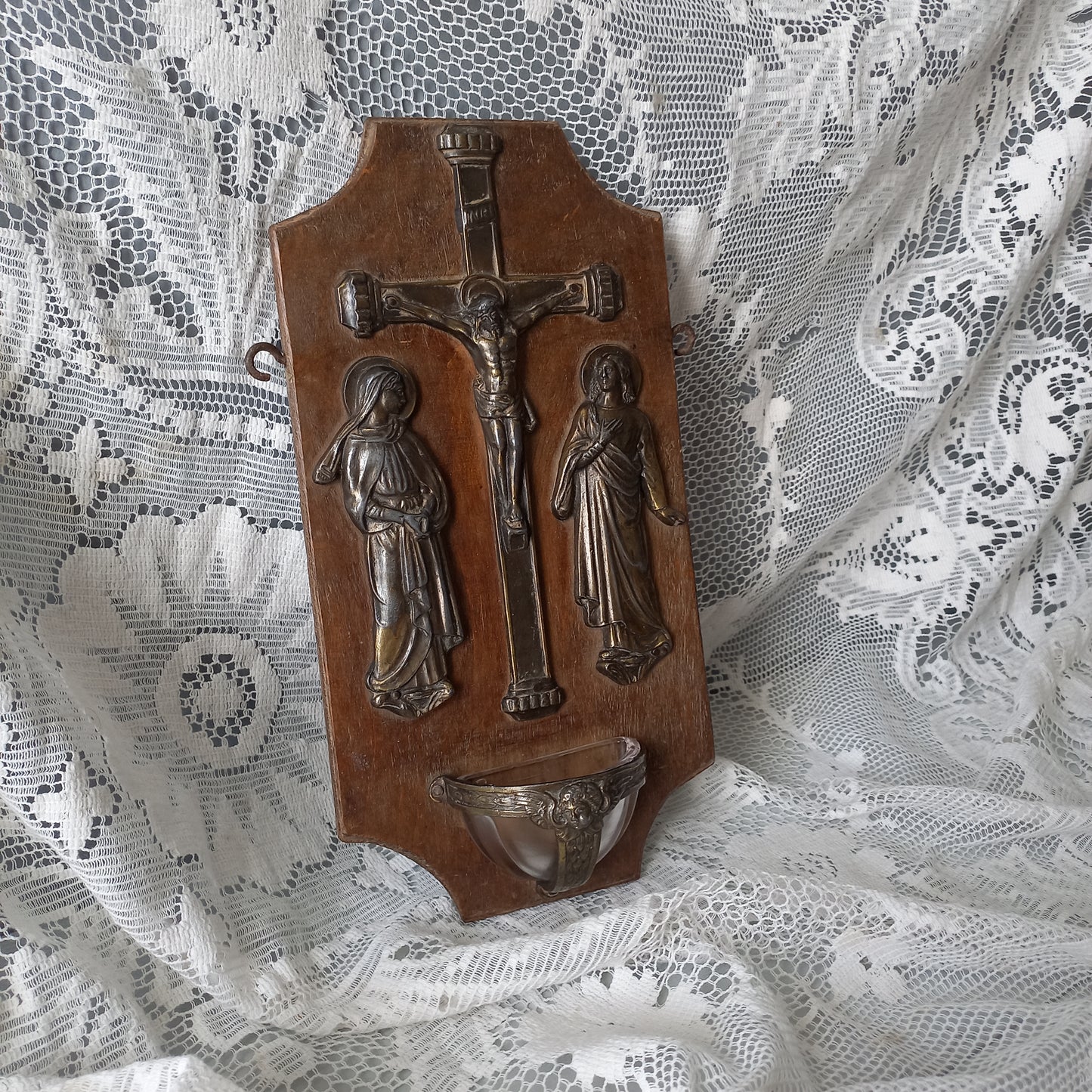 Vintage Holy Water stoup with metal crucifix and religious figures, French antique wooden benitier, religious wall decor