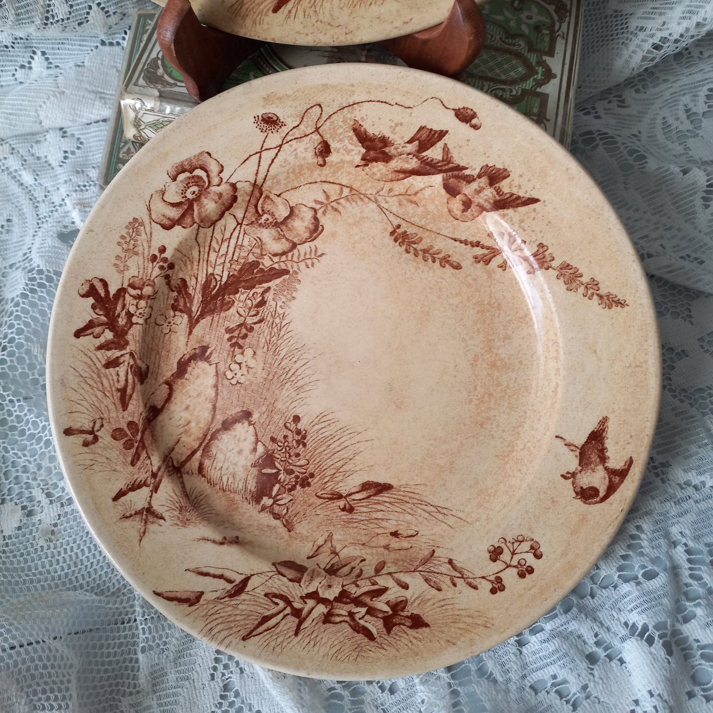 Antique ironstone plates with bird patterns by Jules Veillard Bordeaux, decorative sepia transferware, French shabby chic plates