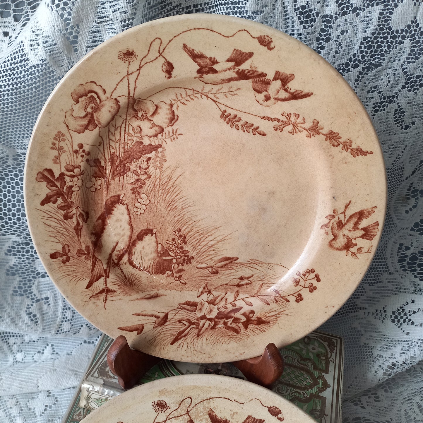 Antique ironstone plates with bird patterns by Jules Veillard Bordeaux, decorative sepia transferware, French shabby chic plates