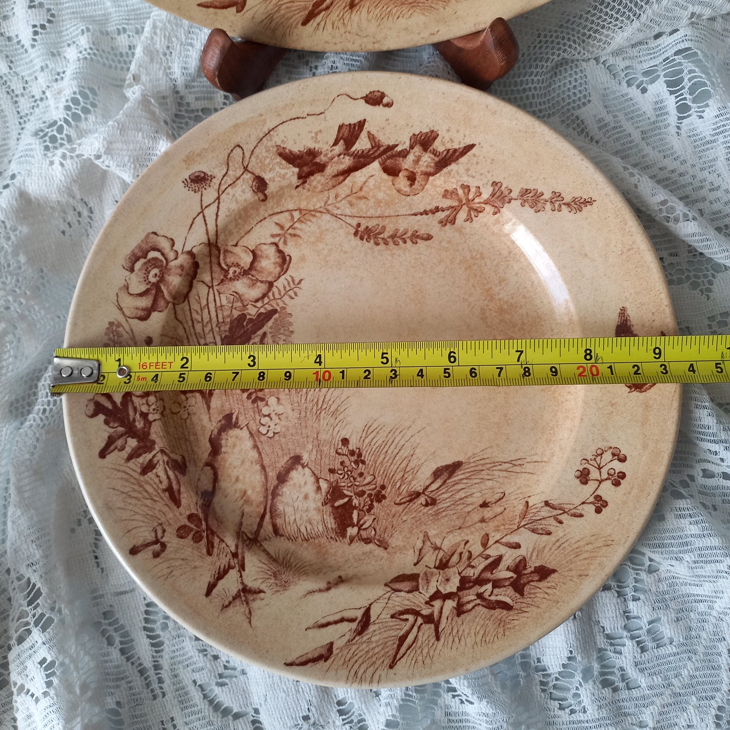 Antique ironstone plates with bird patterns by Jules Veillard Bordeaux, decorative sepia transferware, French shabby chic plates