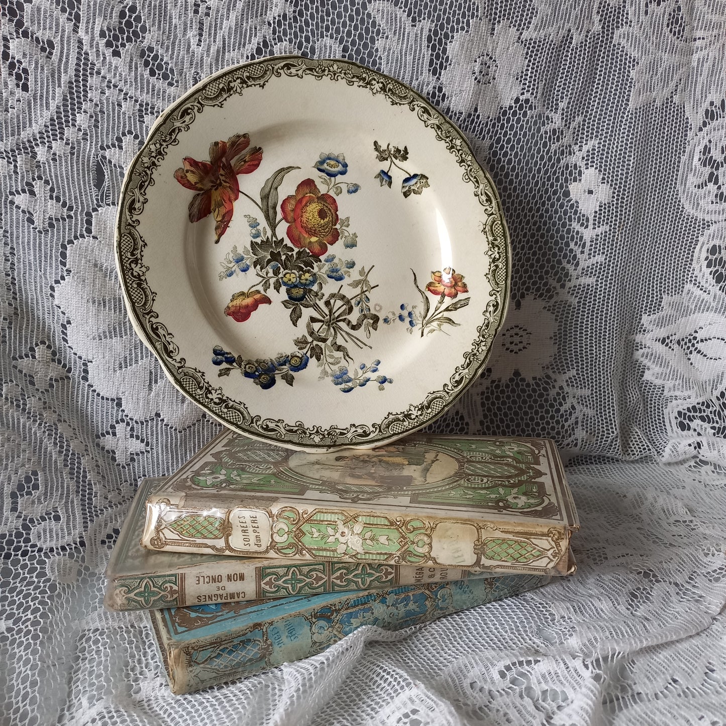 Assiette ancienne en pierre de fer de Sarreguemines en France, assiette décorative française