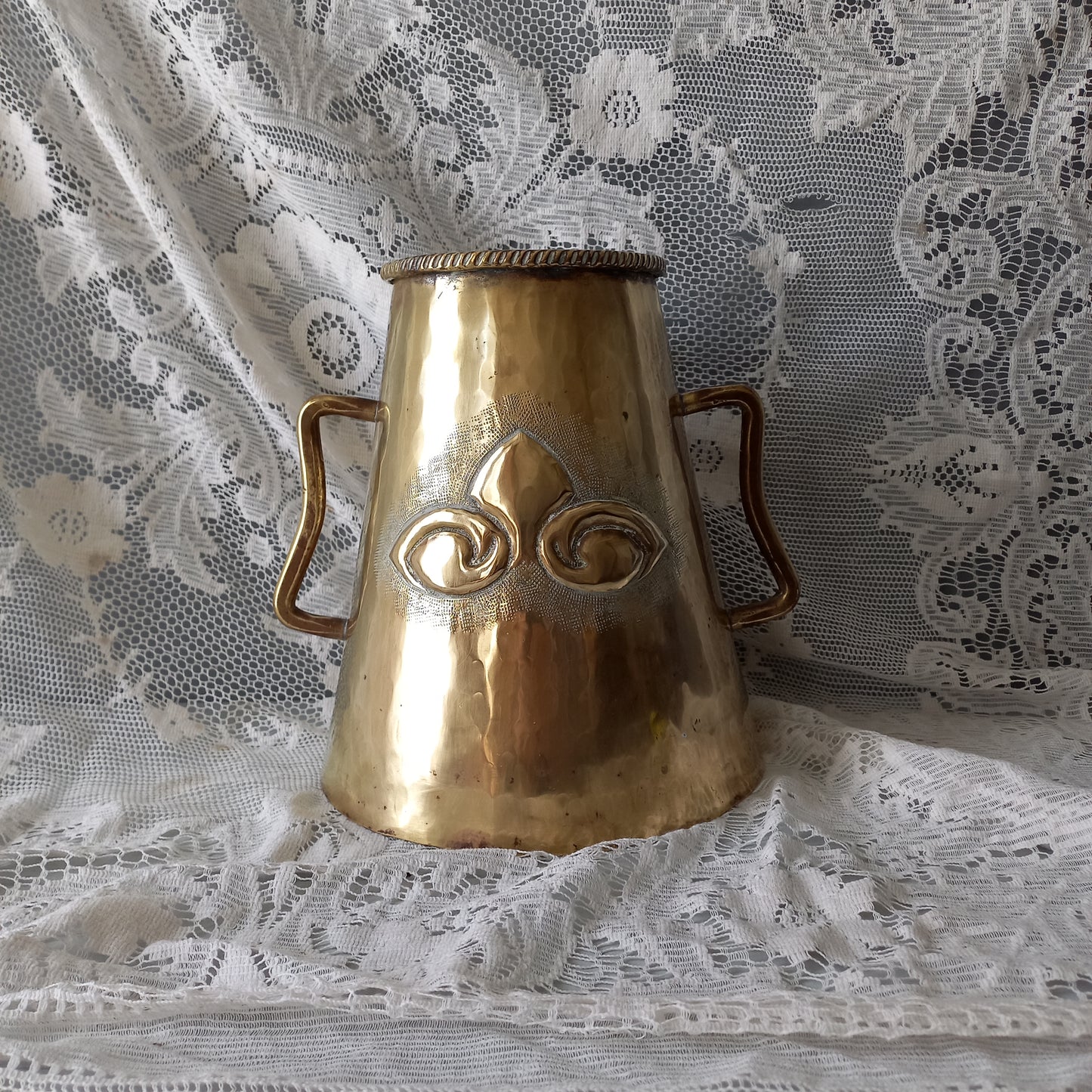 Antique decorative brass vase with handles, large vintage tankard, antique brass planter