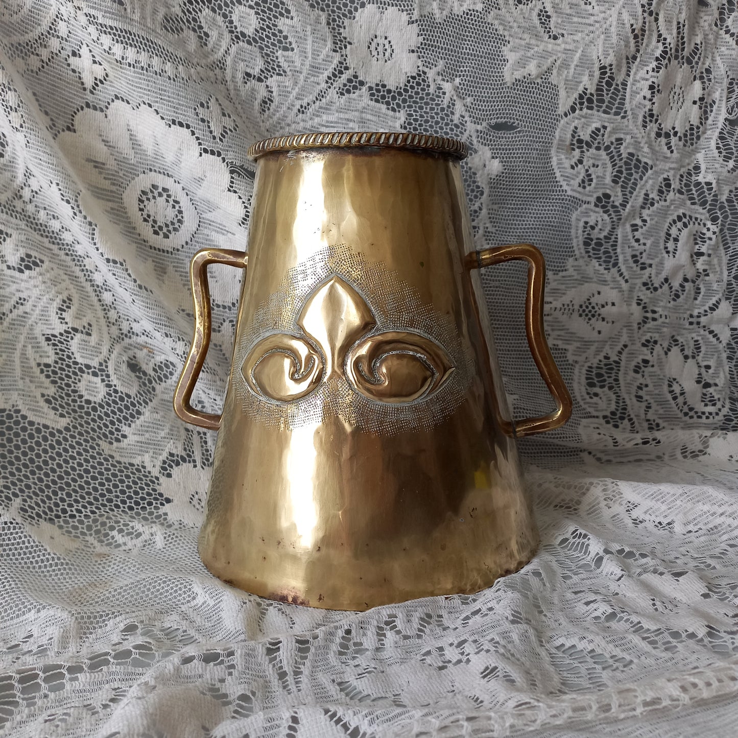 Antique decorative brass vase with handles, large vintage tankard, antique brass planter