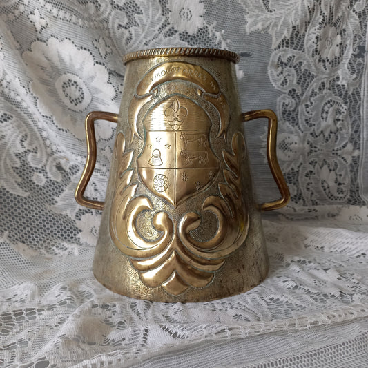 Antique decorative brass vase with handles, large vintage tankard, antique brass planter