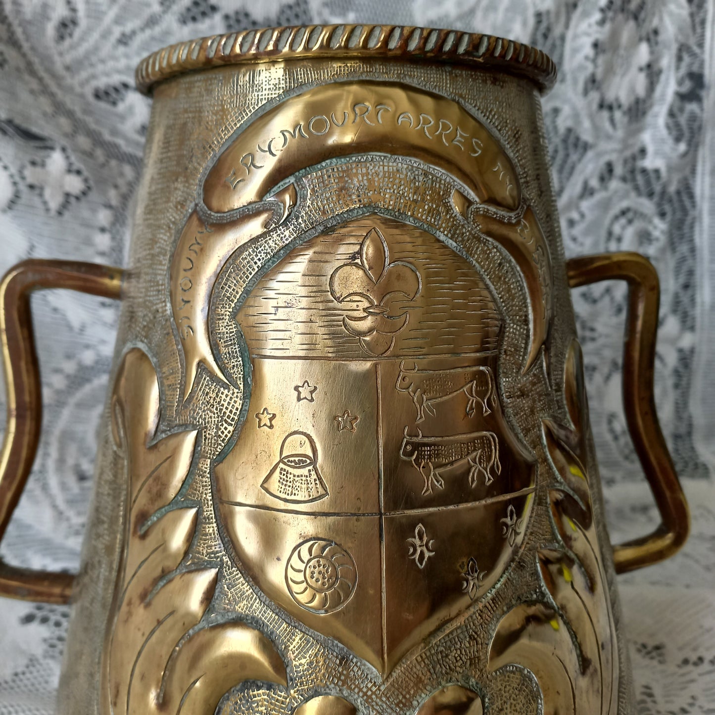 Antique decorative brass vase with handles, large vintage tankard, antique brass planter