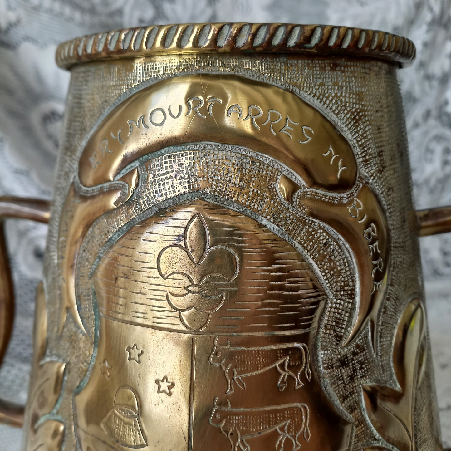 Antique decorative brass vase with handles, large vintage tankard, antique brass planter