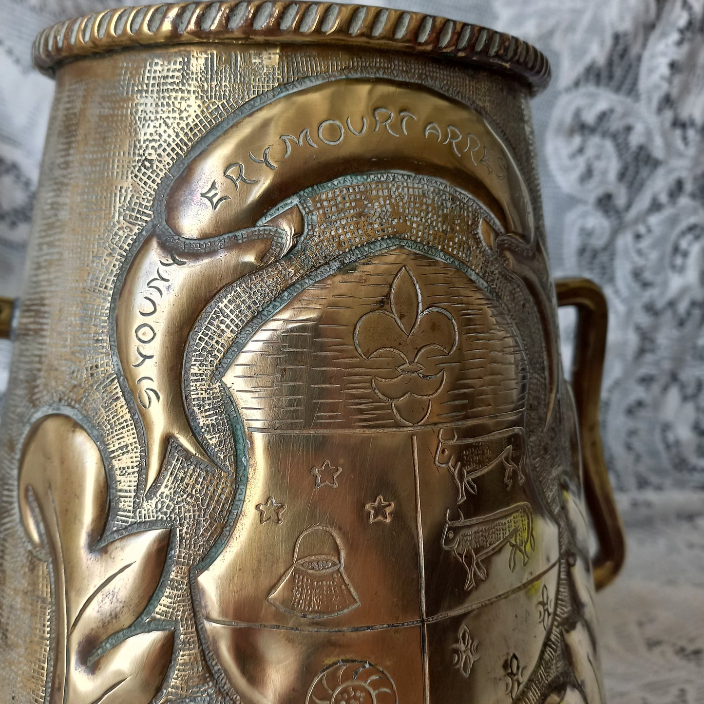 Antique decorative brass vase with handles, large vintage tankard, antique brass planter