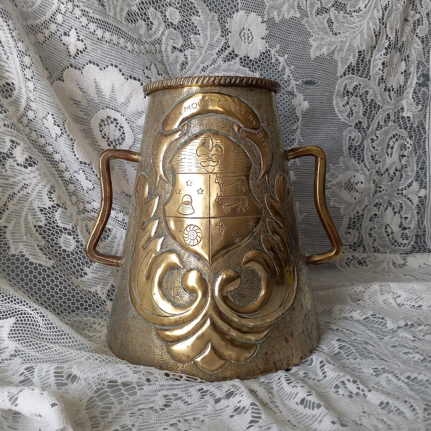 Antique decorative brass vase with handles, large vintage tankard, antique brass planter