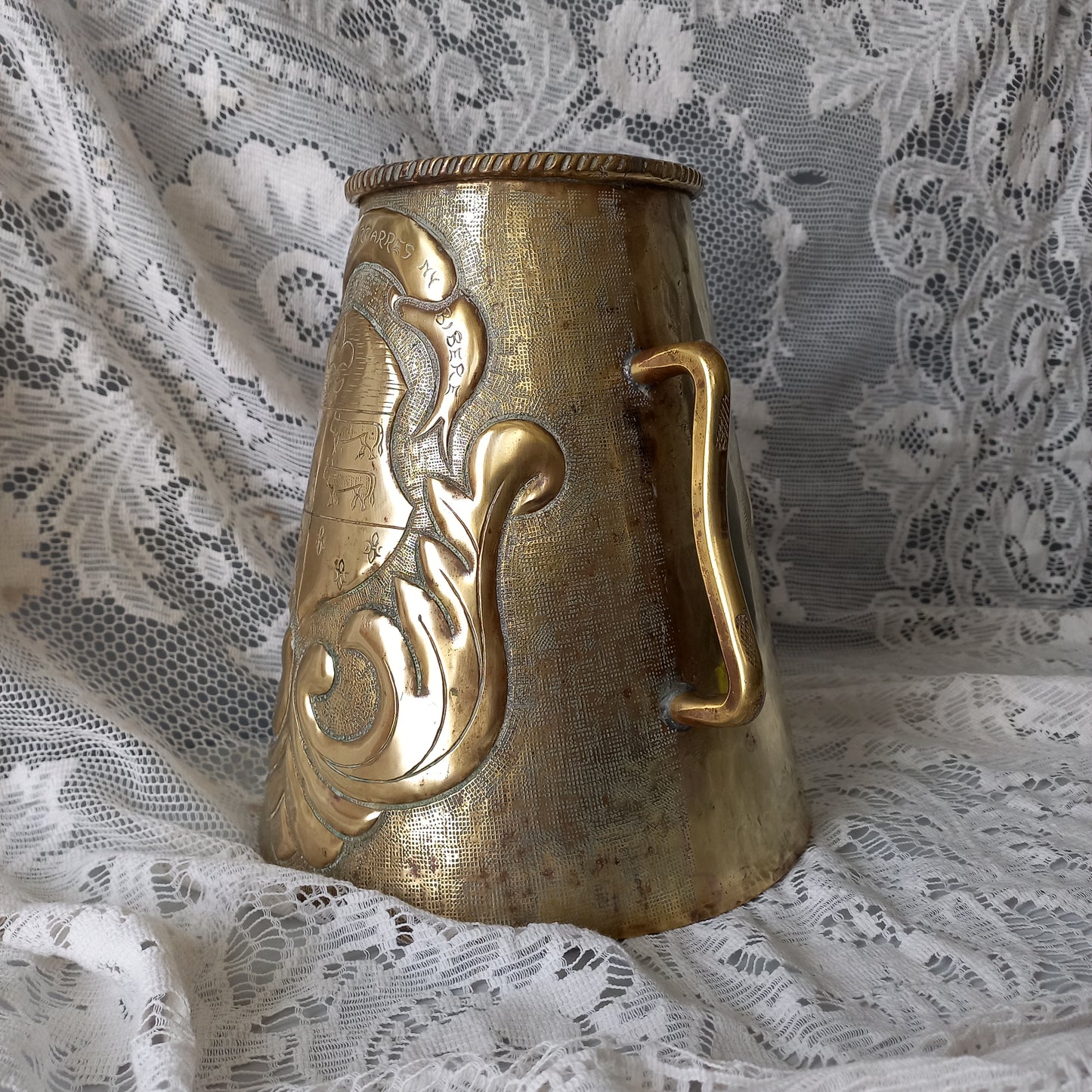 Antique decorative brass vase with handles, large vintage tankard, antique brass planter