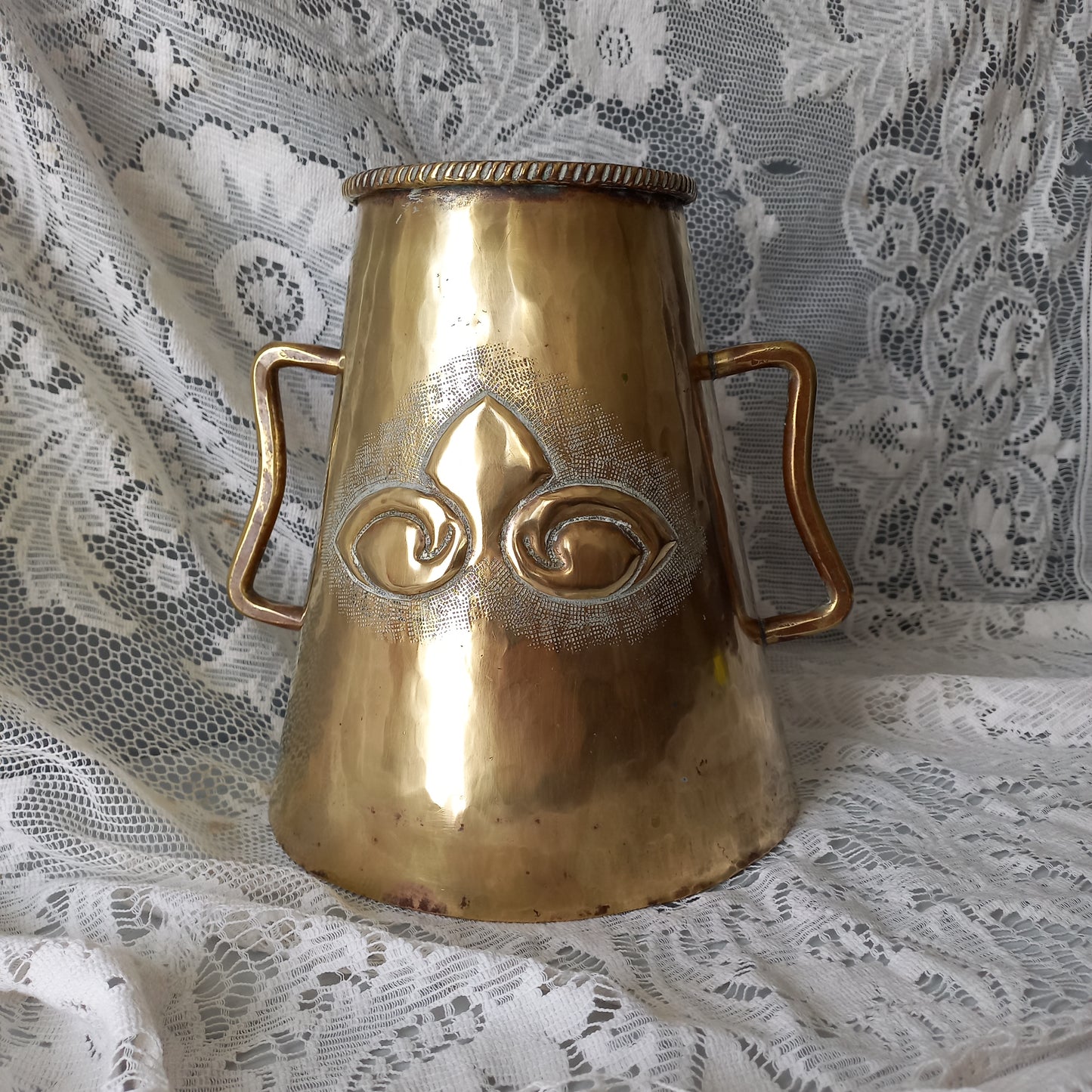 Antique decorative brass vase with handles, large vintage tankard, antique brass planter