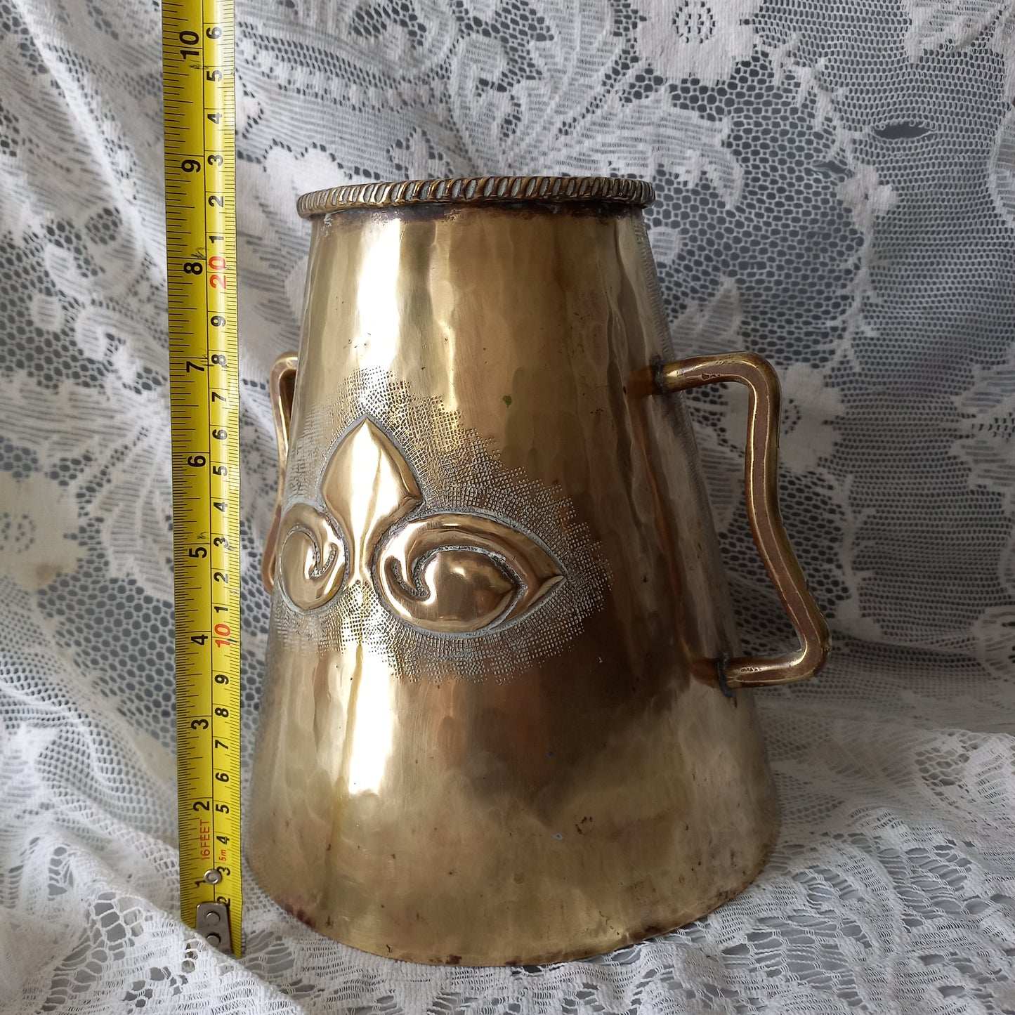 Antique decorative brass vase with handles, large vintage tankard, antique brass planter