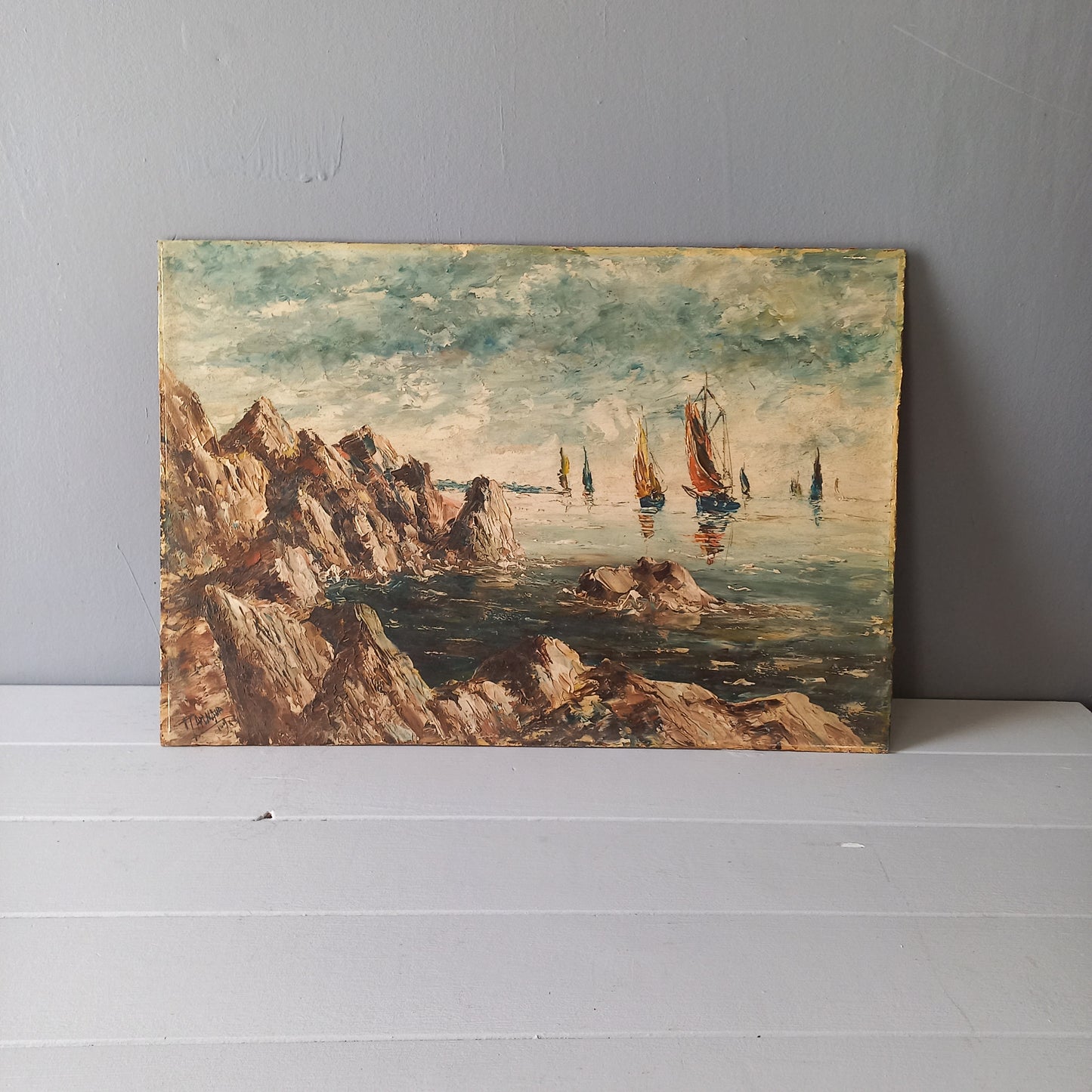 Peinture à l'huile de voiliers sur panneau dur, décoration murale de maison côtière, art de peinture nautique français original