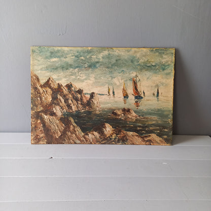 Sailing boats oil painting on hardboard, coastal home wall decor, original french nautical painting art