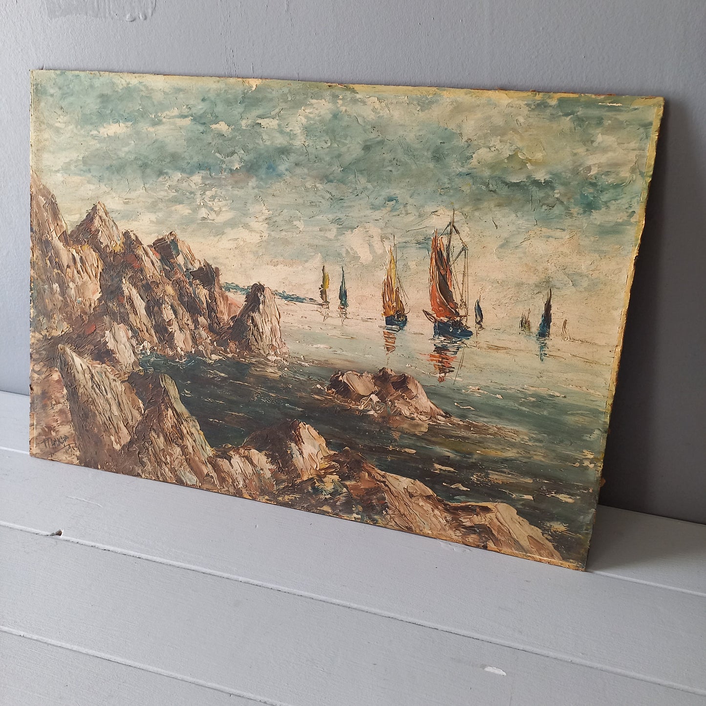 Peinture à l'huile de voiliers sur panneau dur, décoration murale de maison côtière, art de peinture nautique français original