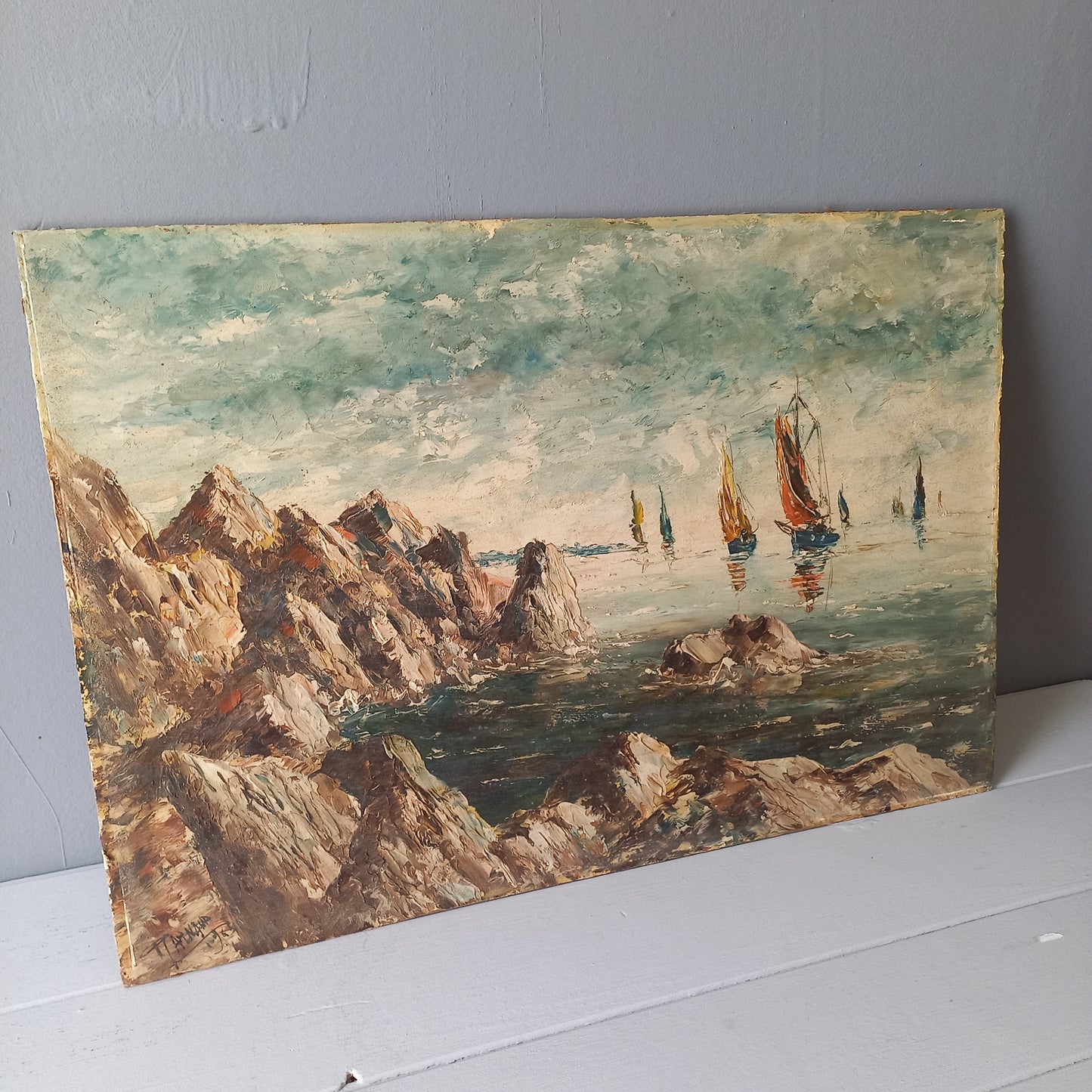 Peinture à l'huile de voiliers sur panneau dur, décoration murale de maison côtière, art de peinture nautique français original