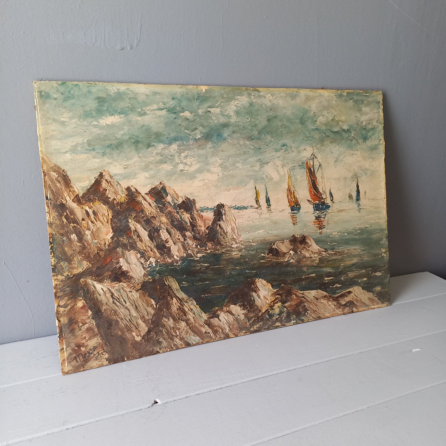 Sailing boats oil painting on hardboard, coastal home wall decor, original french nautical painting art